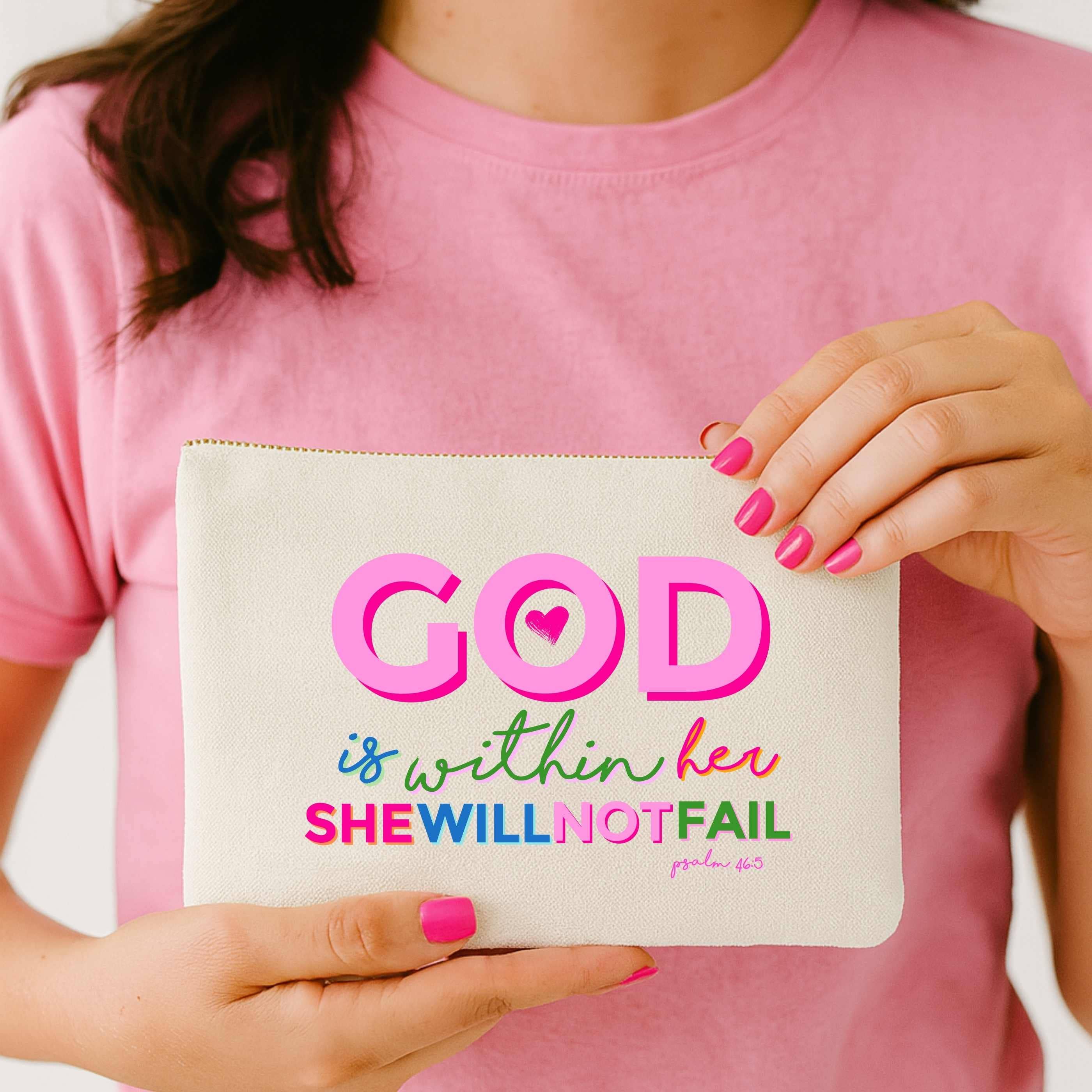 Christian gift God Is Within Her Colorful Canvas Zipper Pouch