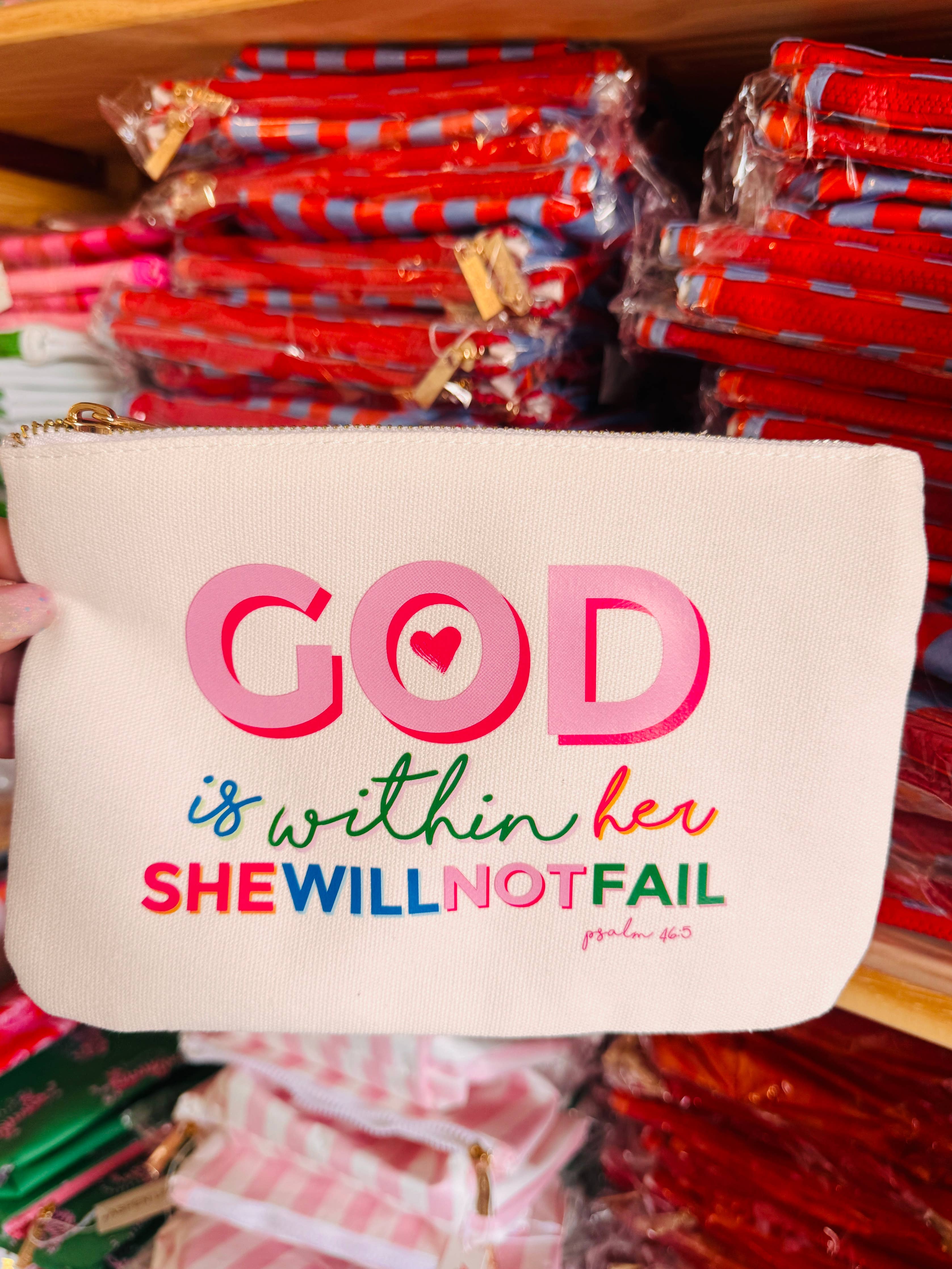 Christian gift God Is Within Her Colorful Canvas Zipper Pouch