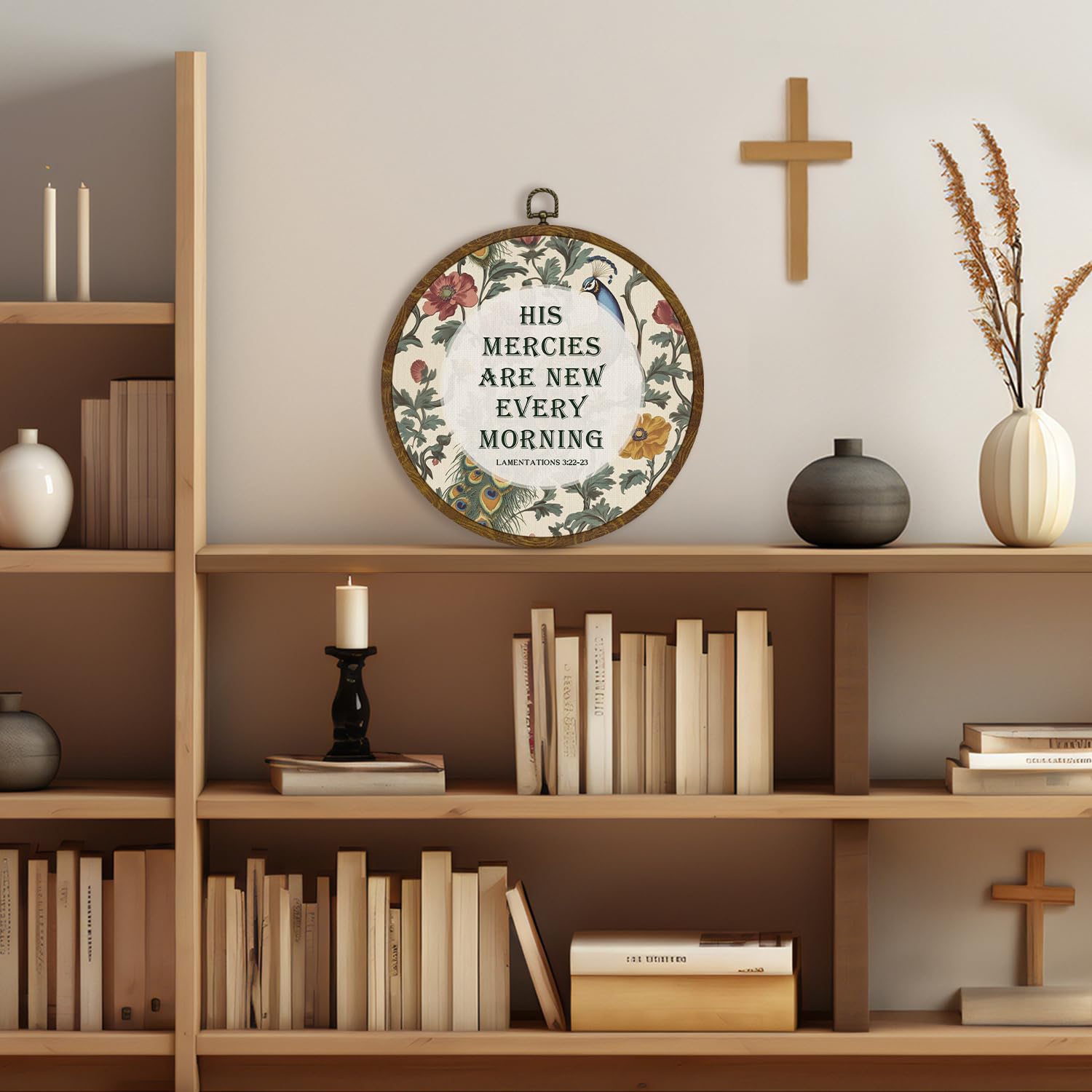 Christ Wall Art Decor-His Mercies Are New Every Morning Scripture Floral Round Hanging Artwork, Inspirational Faith Sign for Living Room, Office, Prayer Room, Bible Verse Wall Hanging Decor Gift for Christians 10Inch (Blue02-Lam.3:22–23)