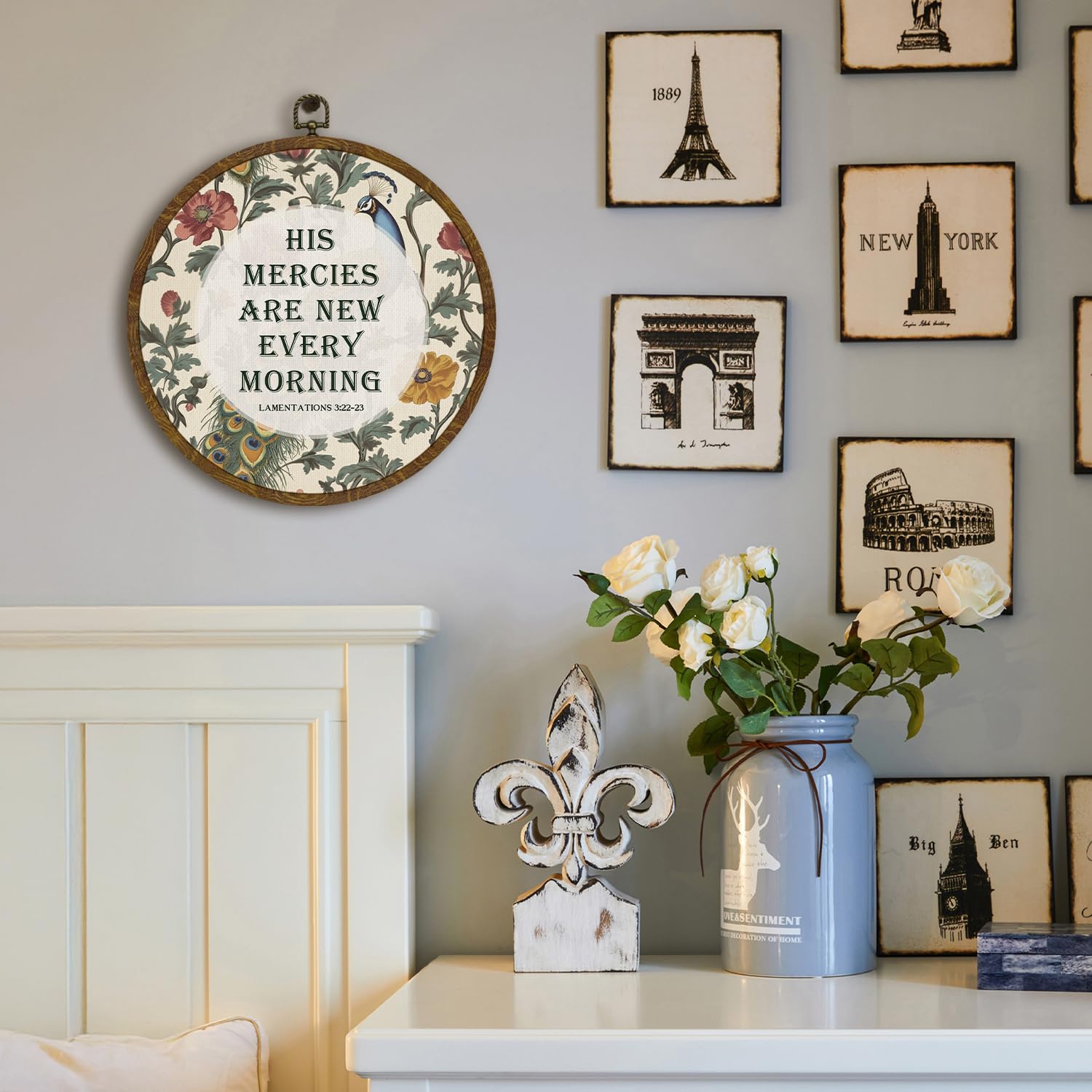 Christ Wall Art Decor-His Mercies Are New Every Morning Scripture Floral Round Hanging Artwork, Inspirational Faith Sign for Living Room, Office, Prayer Room, Bible Verse Wall Hanging Decor Gift for Christians 10Inch (Blue02-Lam.3:22–23)