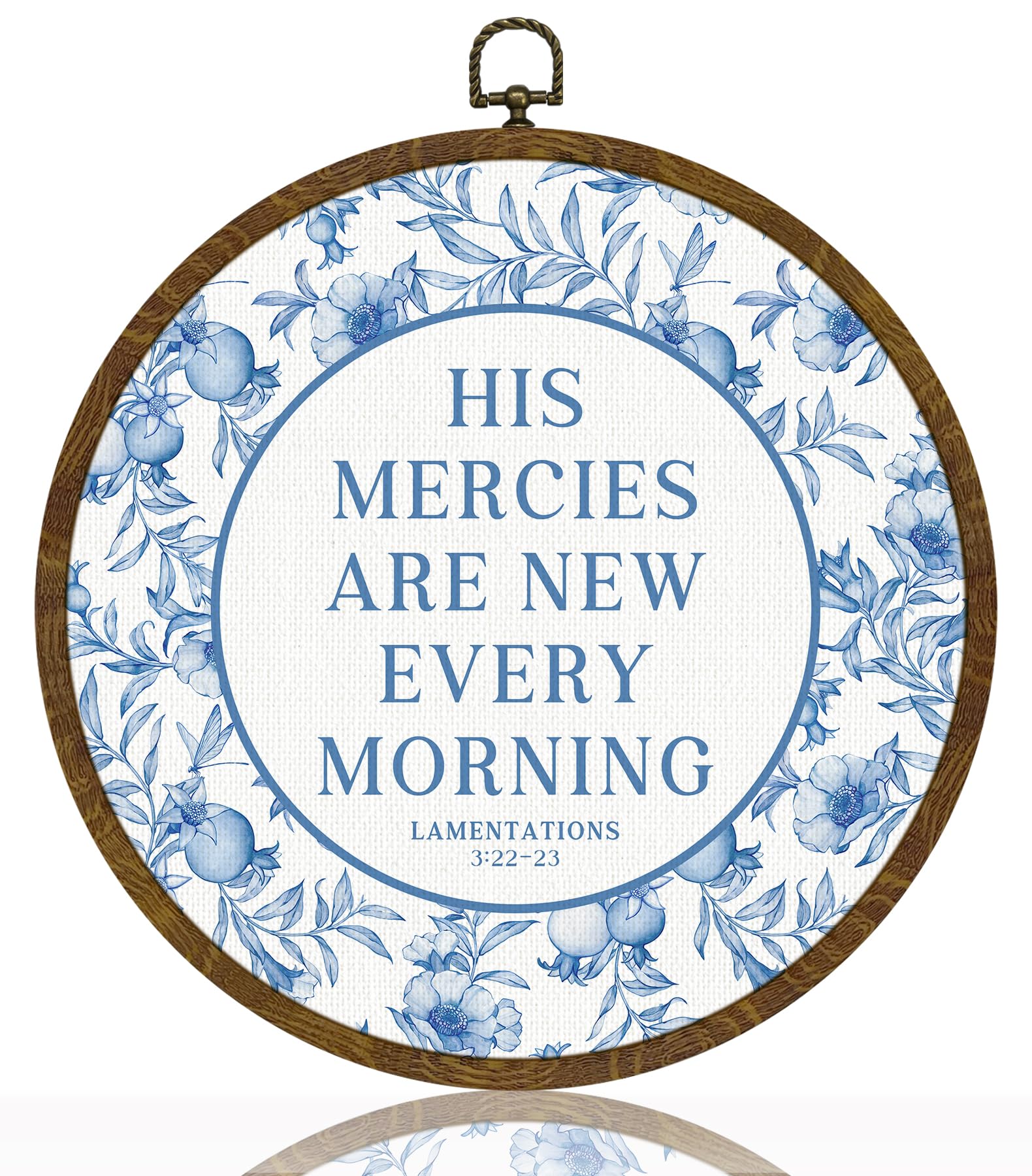 Christ Wall Art Decor-His Mercies Are New Every Morning Scripture Floral Round Hanging Artwork, Inspirational Faith Sign for Living Room, Office, Prayer Room, Bible Verse Wall Hanging Decor Gift for Christians 10Inch (Blue02-Lam.3:22–23)