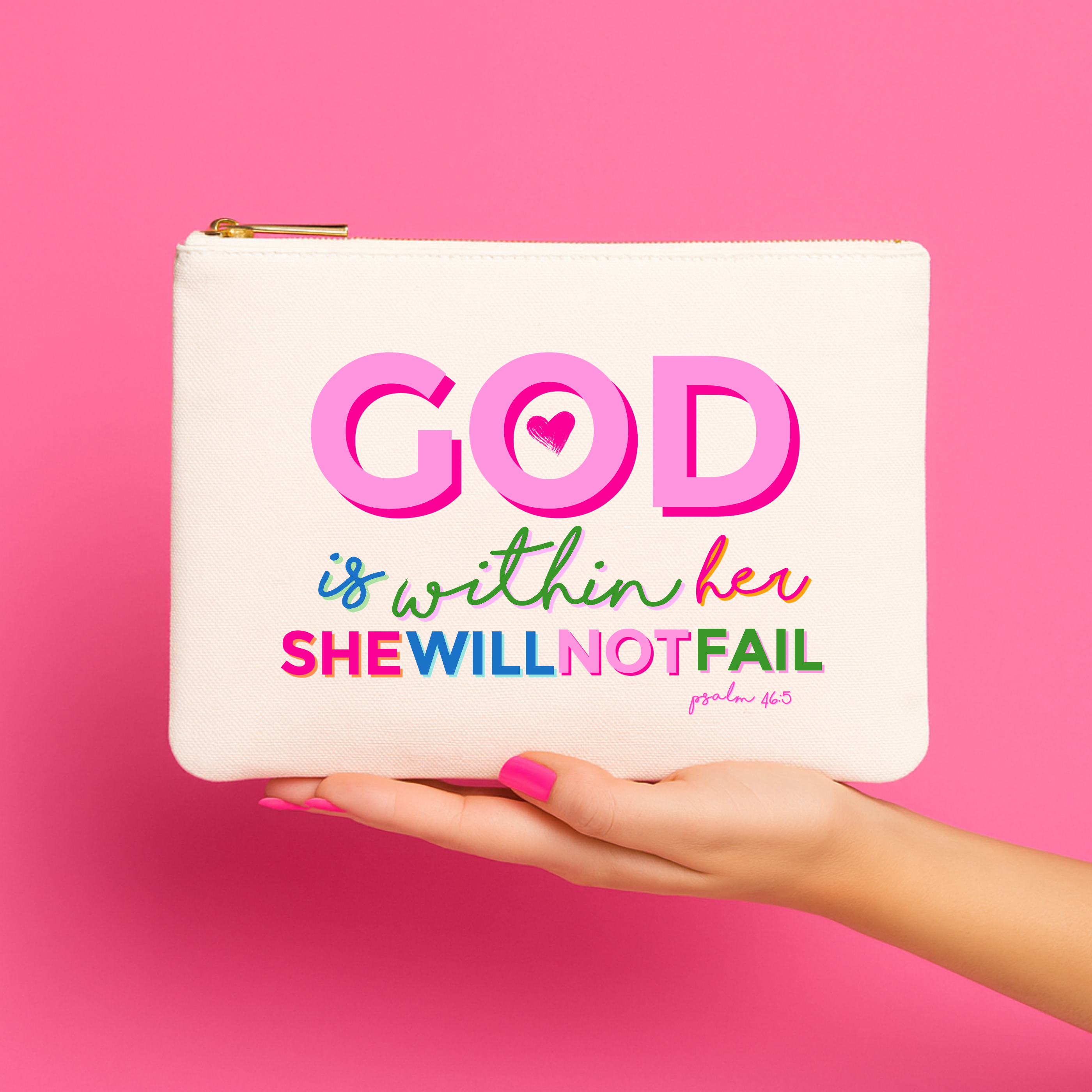 Christian gift God Is Within Her Colorful Canvas Zipper Pouch